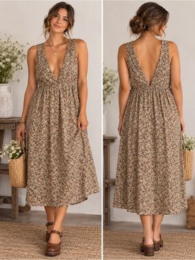 Polagram Deep V Tan Floral Cottagecore Earthy Midi Dress medium